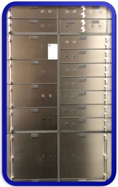 Picture of safety deposit boxes from the front view.